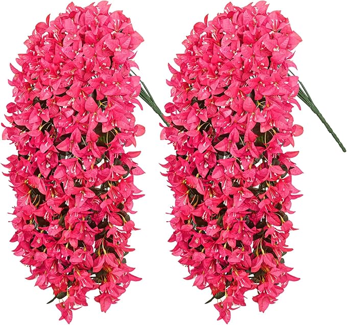 2Pcs UV Resistant Artificial Flowers for Outdoors, Realistic Faux Silk Bougainvillea Flowers, Fake Hanging Plants for Porch Patio Balcony Decoration (Rose Red)