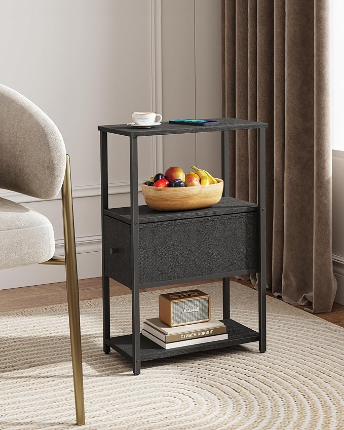 TUTOTAK Set of 2 Small Narrow End Table, Side Table, Nightstand with Cloth Drawer, Couch Table, for Living Room, Bedroom, Bedside, Black TB01BK057