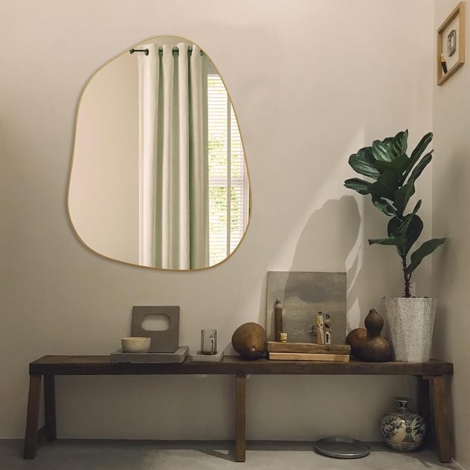PERFNIQUE Irregular Wall Mirror Asymmetrical Mirror, 32''x24'' Gold Mirror for Bathroom Bedroom Living Room Entryway, Decorative Modern Wall Decor, Wall Mouted(Gold, 32''x24'')