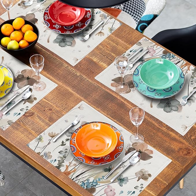 Brown Cream Grey Teal Floral Placemats Set of 6 Watercolor Flowers Place Mats Washable Dining Rustic Abstract Floral Farmhouse Linen Table Mats Stain Heat-Resistant Cloth Table Mat Decor 12x18 in