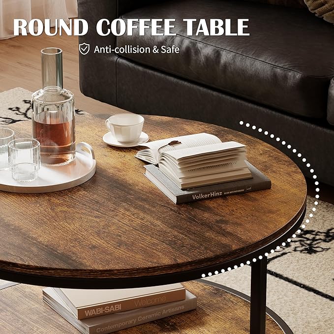 JUMMICO 36" Coffee Tables with Storage, 2-Tier Round Coffee Table, Center Table for Living Room, Furniture for Small Spaces, Brown