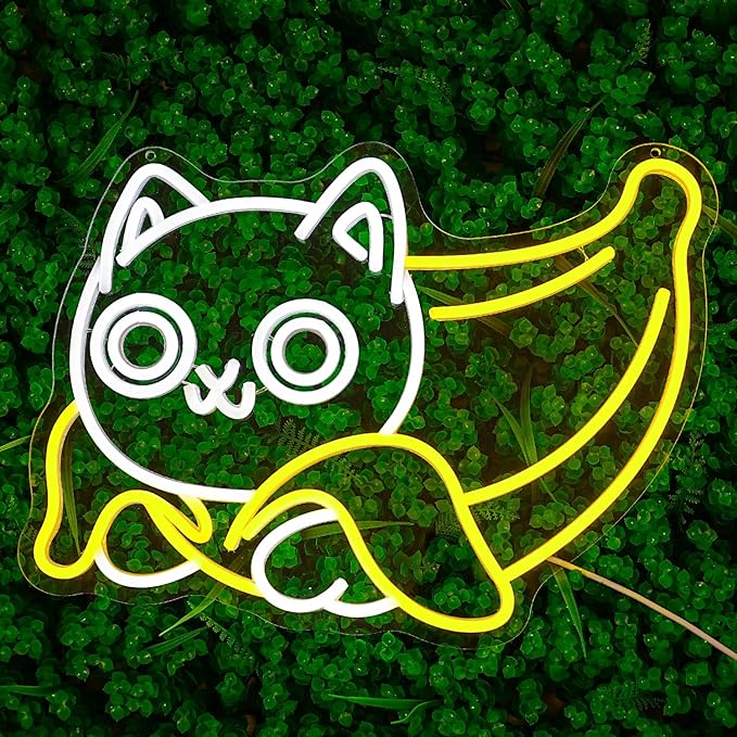 Cat Neon Sign for Wall Decor Banana Neon Light USB Powered LED Neon Sign Yellow LED Neon Light for Bedroom Zoo Pet Shop Cat House Decoration(16.9"*12.6")