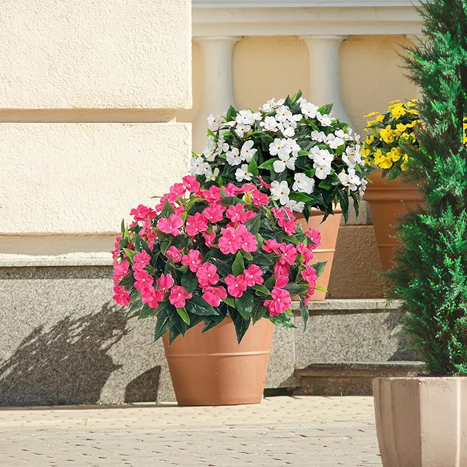 Spring Decorations for Home Flowers Fake Plants Fake Flowers Artificial Impatiens Bouquet Flowers for Outdoors Silk Faux Flowers Impatiens Plants Decor Indoor Planters 15.7" (Rose Red) 8PCS
