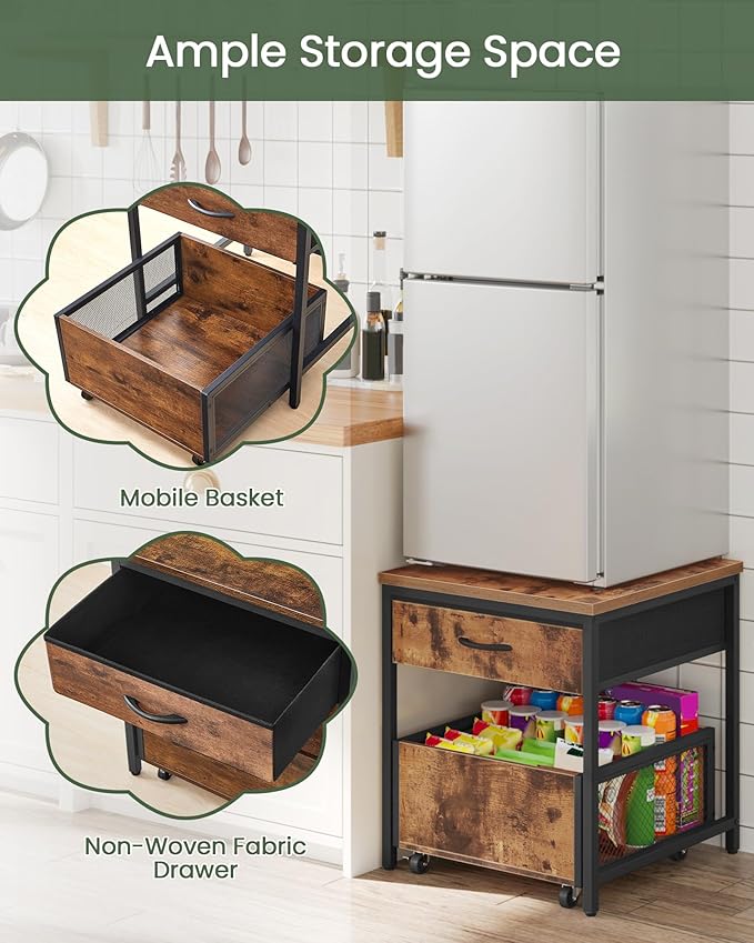 End Table, 19.7 Inch Square Side Table, Mini Fridge Stand with Storage, Nightstand with Mobile Basket Cart, for Living Room, Bedroom, Rustic Brown and Black TBZ55BF