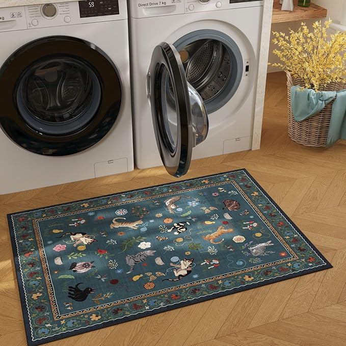 Door Mat Indoor Entrance 2x3 Rug Machine Washable Boho Floral Animal Cat Small Area Rug Non-Slip Low Pile Throw Rugs for Entryway Kitchen Front Door Indoor Entry Kids Room, Pearl Gentian Blue