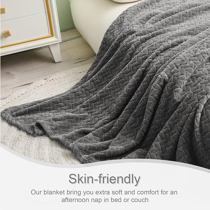Exclusivo Mezcla Dark Grey Fleece Twin Size Blanket for Bed, 90x66 Inches Soft Cozy Jacquard Flannel Blankets, Lightweight Fuzzy Plush Warm for All Seasons