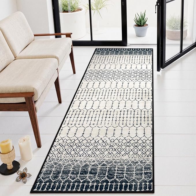 Lahome Moroccan Hallway Runner Rug, Washable Black 2x8 Rug Runner Ultra-Thin Stain Resistant Kitchen Carpet with Rubber Backing Non Slip, Geometric Print Floor Carpet Mat for Entryway Bedroom
