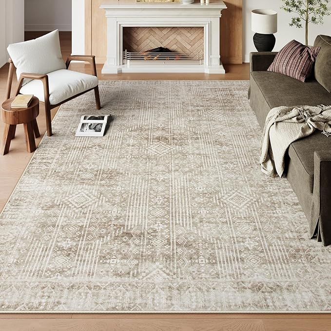 Lahome Neutral Boho Rugs for Bedroom 8x10, Farmhouse Rug for Living Room, Beige Cream Carpet for Dining Room, Soft Rubber Backed Non-Slip Carpets for Home Office