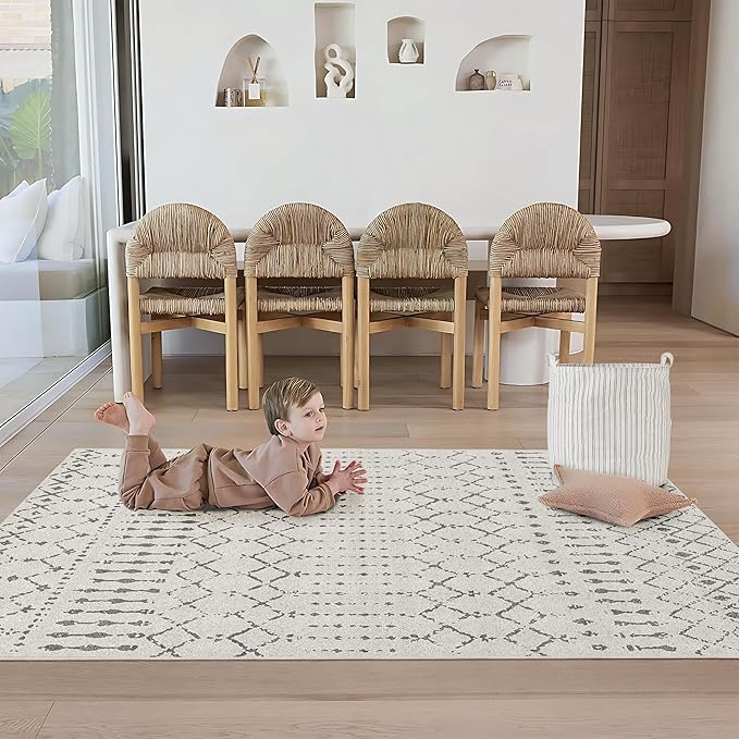 Deerly 3x5 Rugs Boho Moroccan Farmhouse Machine Washable Rug 3x5 Area Rug Non-Slip, Soft Low Pile Indoor Floor Carpet Neutral Rug for Living Room Kitchen Bedroom, Off White/Grey