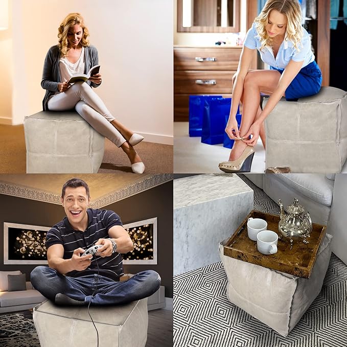Louis Donné Pouf Ottoman Cover, Handmade Faux PU Leather Moroccan, Unstuffed Pouffe Ottomans, Grey White 17.7" Square, Ottoman Foot Rest for Living Room, Floor Chair for Christmas Decorations Gift