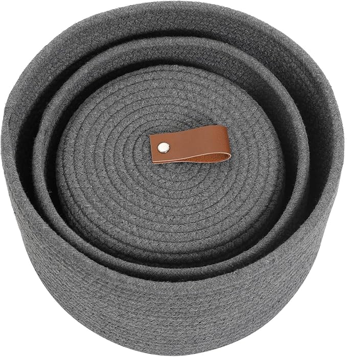 Cottonphant Set of 3 Stylish Round Woven Baskets with Lids - Elegant Storage Solution for Home Decor and Organization - Compact Shelf Baskets (Dark Grey, 10"x6"-8"x5"-6"x4")