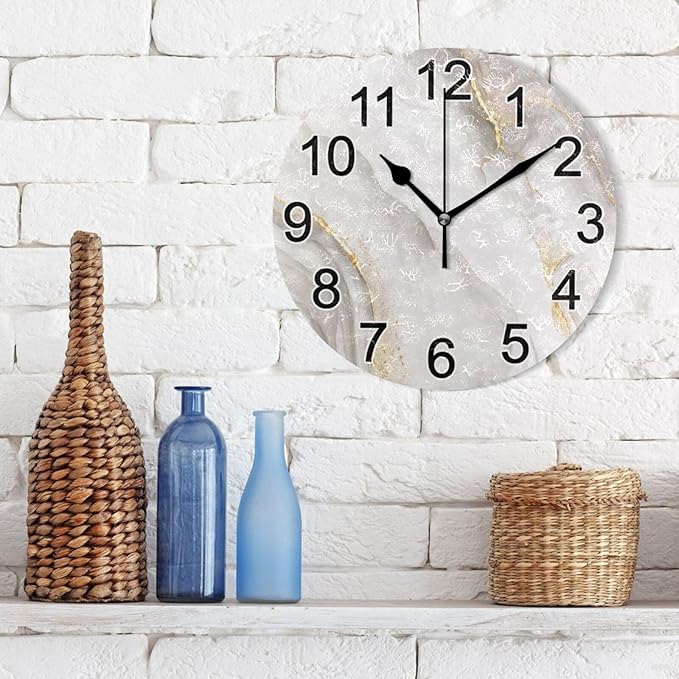 White Gold Marble Wall Clock Non Ticking Silent Kitchen Clock Large Battery Operated Clocks 10 inch for Living Room Bedroom Decor