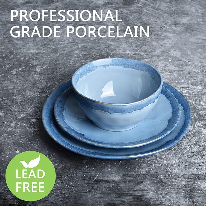 Bosmarlin Stoneware Dinnerware Set, Ceramic Bowls and Plates Set, Service for 4, 12 Piece, Microwave and Dishwasher Safe, Reactive Glaze (Light blue)
