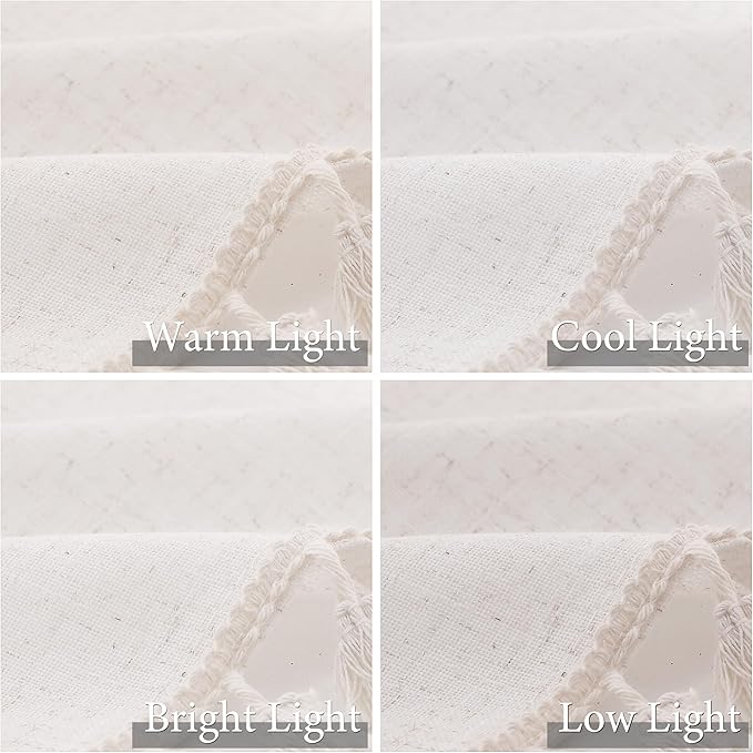 Cream Beige Boho Linen Curtains 96 Inches Long 2 Panels Semi Sheer Curtains Tassel Rod Pocket Back Tab Top Light Filtering Neutral Farmhouse Curtain for Living Room Bedroom 52x96