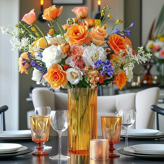 ComSaf Glass Cylinder Vases, Bud Vase for Centerpieces, 8 Inch Tall Ribbed Vase Hurricane Floating Candle Holder, Decorative Flower Vases for Wedding Reception, Home Decor, Housewarming Gift (Amber)
