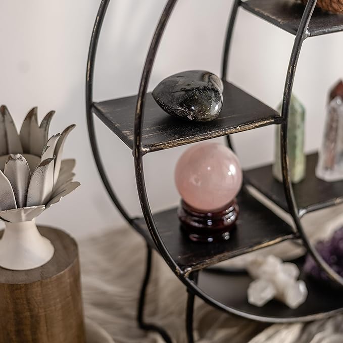 Moon Shelf for Crystals - Circle Shelf Wall Decor for Wall and Countertop - Crystal Shelf Display for Stones, Essential Oil, Pendulum - Boho Hanging Moon Shelves (Retro Black)
