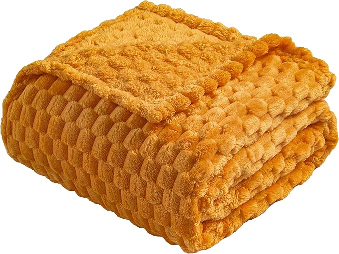 Vessia Flannel Fleece Throw Blanket(50x70 inch), 3D Jacquard Yellow Fuzzy and Warm Blanket for Couch,Sofa,Bed,Chair, 300GSM Super Soft Touch Cozy Lightweight Mustard Throw for All-Season Home Decor