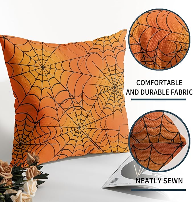 Halloween Spiderweb Pillow Covers 16x16 Set of 2 Orange Black Spider Web Outdoor Decorative Throw Pillows Halloween Scary Themed Farmhouse Pillowcases Linen Cushion Case Decor for Home Sofa Couch Bed