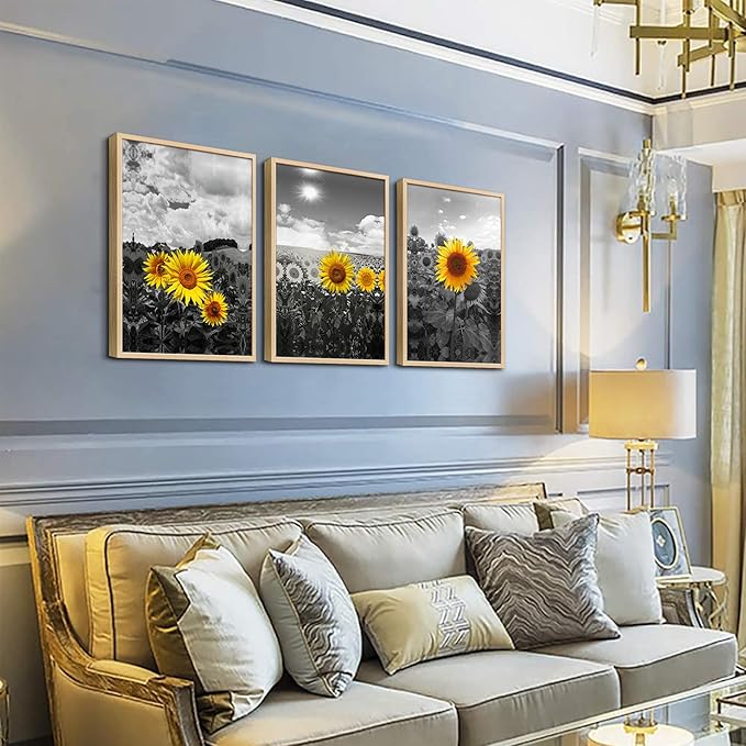 hyidecorart Natural Framed Wall Art For Living Room Large Wall Decor For Kitchen Sunflower Flowers Wall Paintings Black And White Wall Pictures Artwork Bedroom Room Decor Set of 3 Piece Prints Art