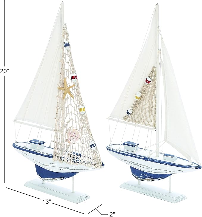 Deco 79 Wood Sail Boat Handmade Decorative Sculpture Home Decor Statues, set of 2 Accent Figurines 13" x 2" x 20", White