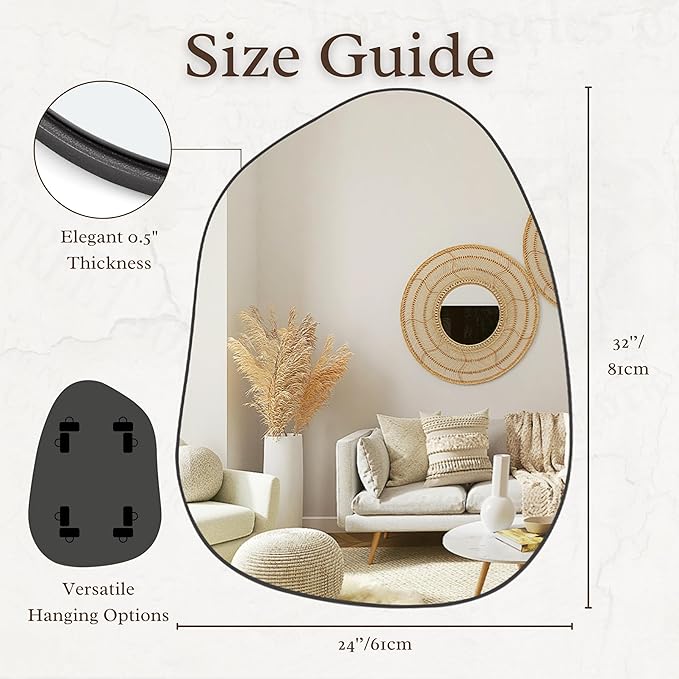 PERFNIQUE Irregular Wall Mirror Asymmetrical Mirror, 32''x24'' Black Mirror for Bathroom Bedroom Living Room Entryway, Decorative Modern Wall Decor, Wall Mounted (Black, 32''x24'')
