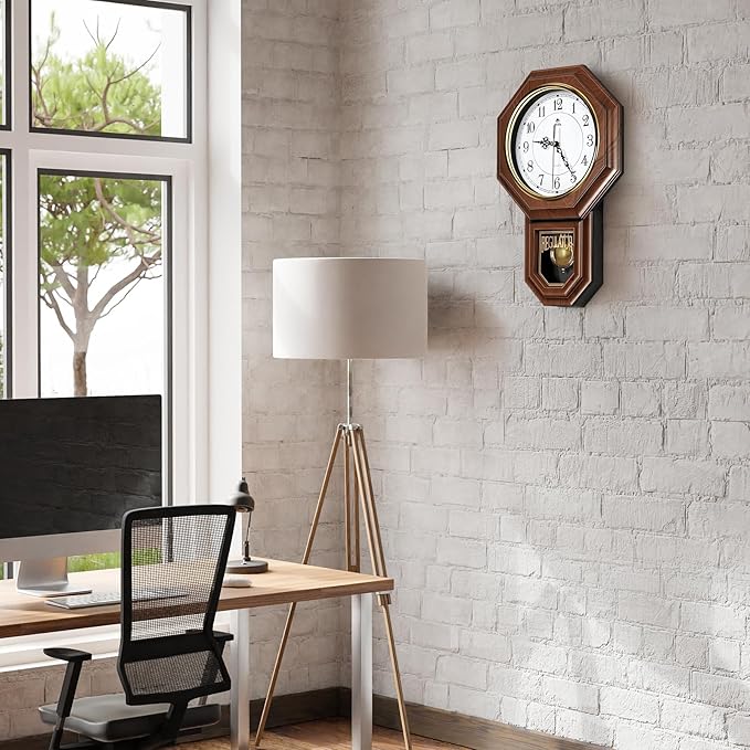 Pendulum Wall Clock Battery Operated, Imitation Wood Plastic Regulator Clock with Pendulum,Vintage Decorative Wall Clocks for Living Room,Farmhouse,Office,Bedroom,Kitchen,Wall Decor
