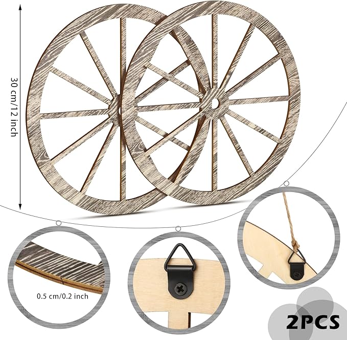 2 Pcs Wagon Wheel Decor Wooden Western Cowboy Party Decorations Vintage Rustic Wagon Wheel Wood Cartwheel Decor for Bar Garage Indoor Outdoor (Gray,12 Inch)