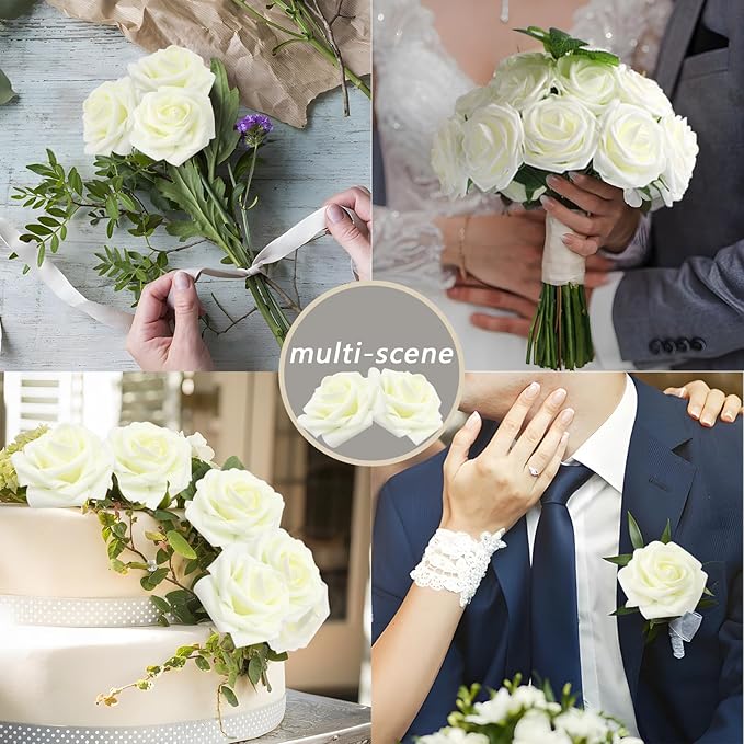 200PCS Milk White Artificial Flowers Roses Real Looking Foam Fake Roses with Leaves for DIY Wedding Bouquets Bridal Shower Party Decorations (Ivory, 200)