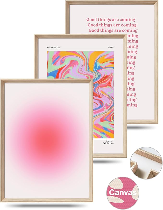 Framed Abstract Pink Canvas Wall Art,Retro Gradient Canvas Wall Decor,16x12IN High Framed Wood Design Print,Minimalist Classic Décor Aesthetic for Living Room,Bedroom,Bathroom Set of 3