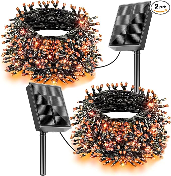 Solar String Lights for Halloween, Dolucky Orange Solar String Lights Outdoor 2 Pack Total 400LED 144FT Waterproof, 8 Modes Christmas Light for Outside Xmas Tree Patio Yard Garden Festival Decorations