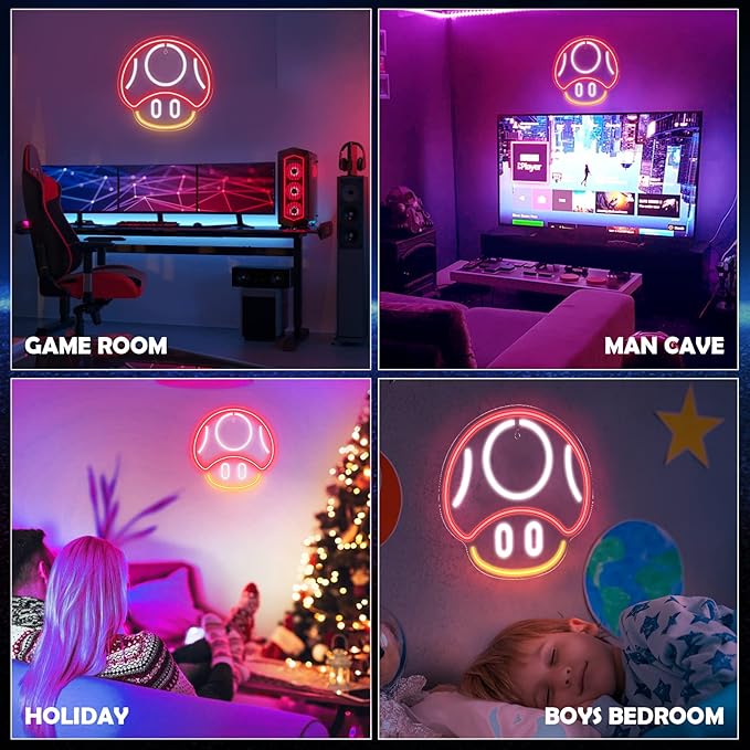 Kavaas Gaming Neon Sign, Mushroom Neon Sign for Game Room Decor, Man Cave, Kids Room - Gaming Mushroom Wall Decor - Gamer Gifts for Boys, Kids (Red)