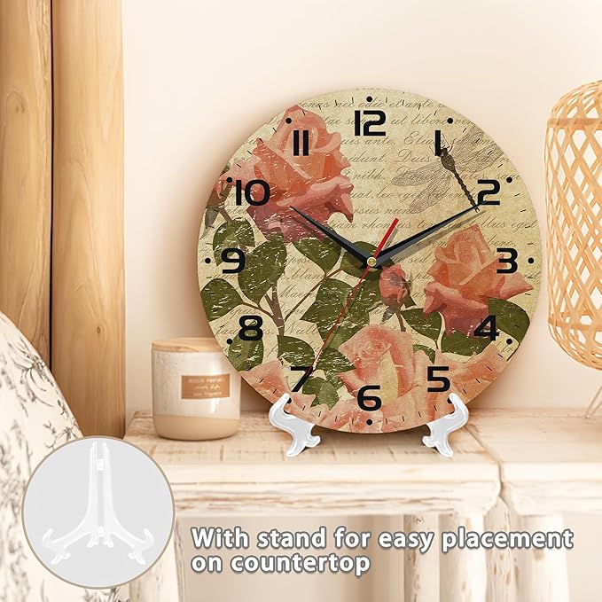 Wall Clock, Vintage Flowers with Roses and Dragonfly Wall Clock Silent Non-Ticking Battery Operated Clock 10 Inch, Home Decor for Living Room, Kitchen, Bedroom and Office