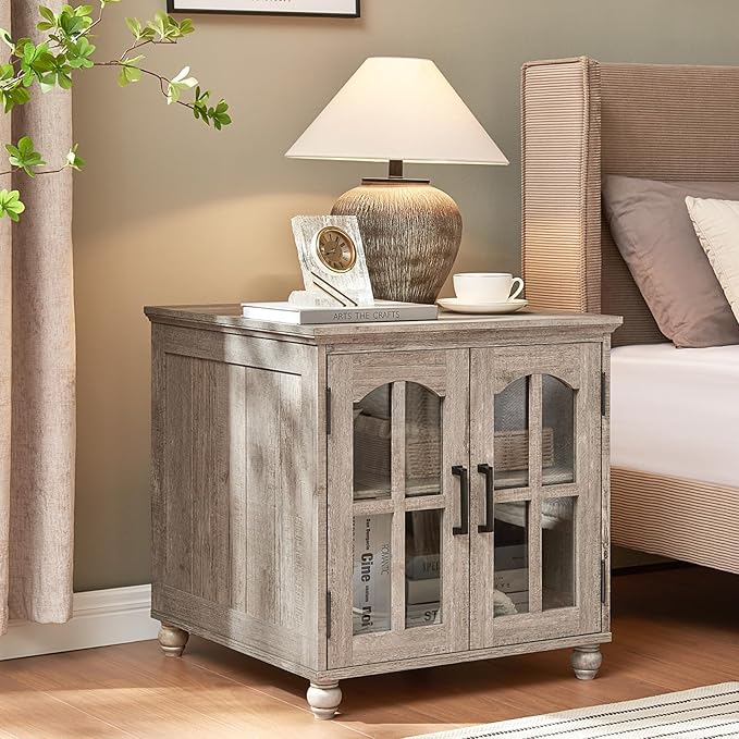 Farmhouse End Table Set of 2 with Charging Station, 18'' Narrow Side Table and 24" Large Sofa Table with Glass Barn Door Storage, Wood Night Stand Bedside Cabinet for Living Room,Bedroom