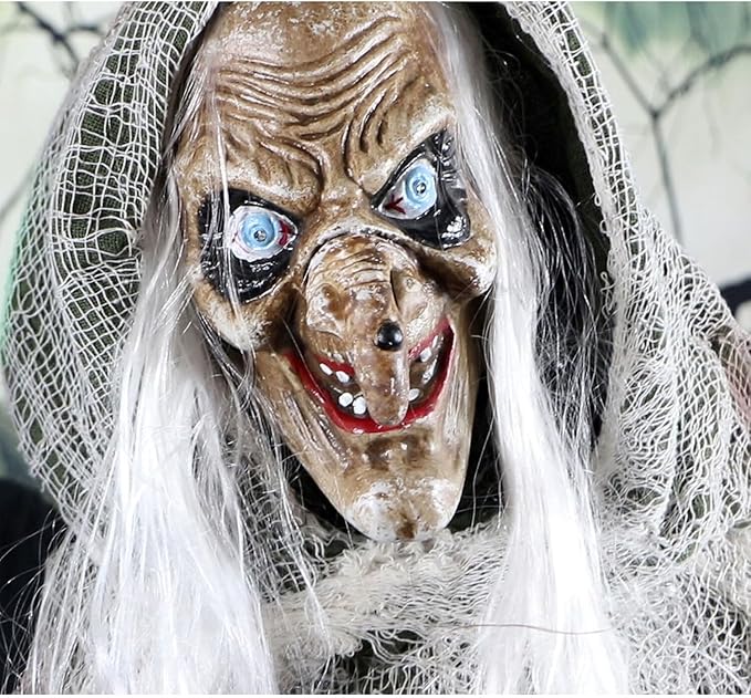 Haunted Hill Farm Life-Size Scary Talking Witch, Animatronic with Touch Activated Lights and Sound, Battery Operated Indoor or Covered Outdoor Decoration, Creepy Halloween Prop