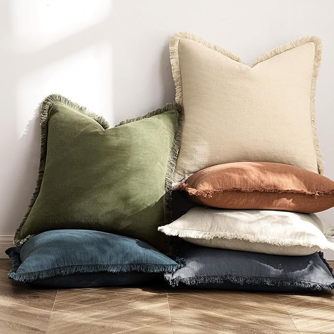 MIULEE Decorative Throw Pillow Covers Neutral Linen Fringe Throw Pillows Set of 2 Dark Grey Boho Farmhouse Cushion Covers with Tassels for Couch Sofa Bed Living Room Spring Home Decor 18x18 Inch