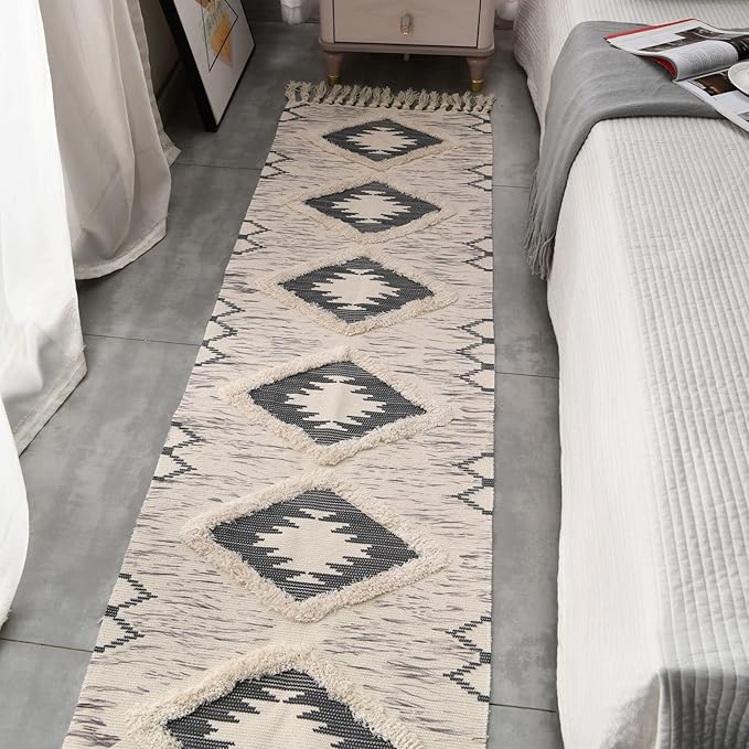 Boho Runner Rug 2'x6', Washable Hallway Rug Runner Non Slip Rubber Backed, Kitchen Farmhouse Area Rug Floor Mat with Tassels, Tufted Woven Cotton Entryway Carpet, Grey