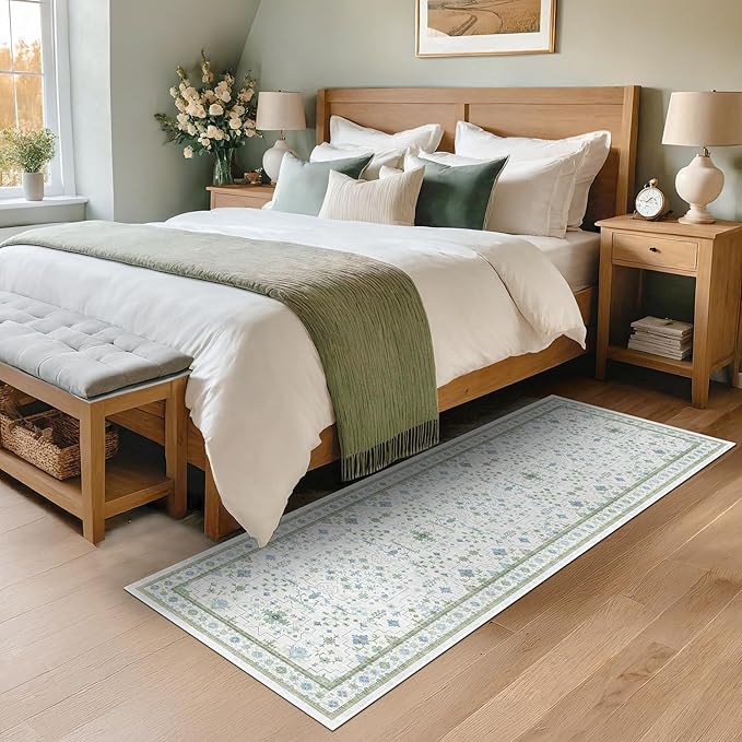 Cream Green and Blue Turkish Bathroom Runner 2x5 - Oushak Vintage Boho Floral Pastel, Washable Low Pile Non Slip Stain Resistant Small Throw Rug for Kitchen, Bedroom, Laundry