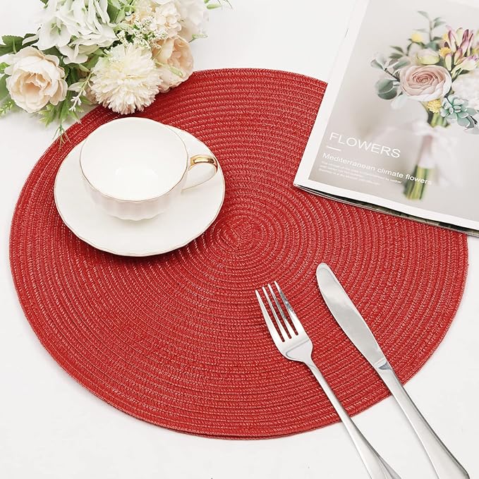 SHACOS Round Placemats Set of 6 Woven Braided Polyester 15 inch Circle Placemat for Dining Tables Kitchen Table Mats Washable for Christmas Home Wedding Party Table Decor (Red, 6)