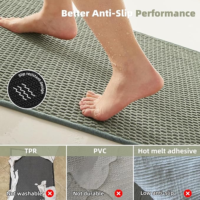 Bathroom Rugs Non Slip Washable, Super Absorbent Thin Bath Mat Quick Dry Low Pile Bathroom Rug, Sage Green 24"x47"