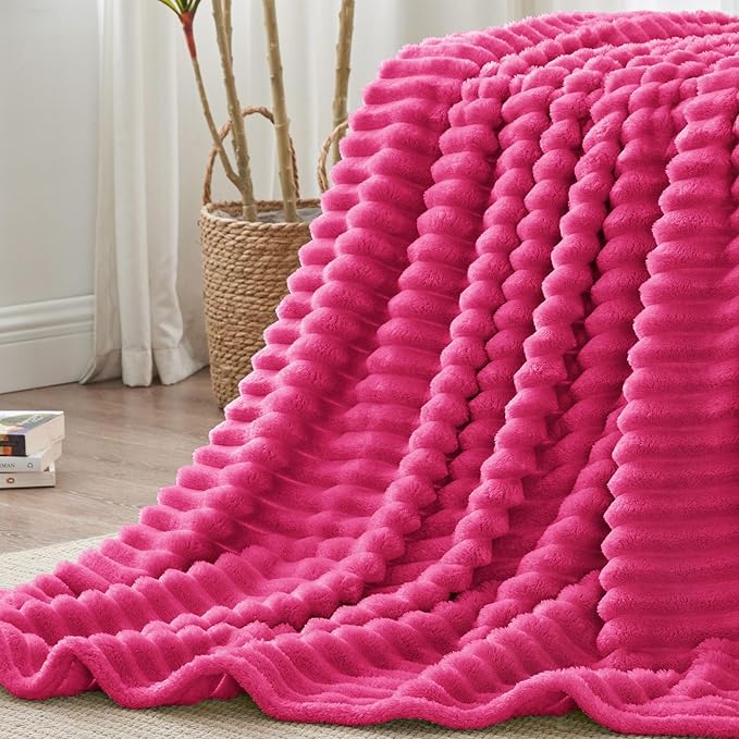BEDELITE Blankets Queen Size for Bed, 300GSM Soft & Warm Fleece Blanket, Decorative and Giftable Striped Hot Pink Blankets for Women, Men, 90"x90"