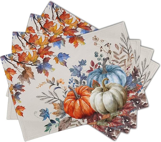 Fall Placemats Set of 4, 12 x 18 Inch Blue and Orange Pumpkin Fall Maple Leaves Washable Heat Resistant Rectangle Place Mat Thanksgiving Decor Table Mats for Seasonal Kitchen Dining
