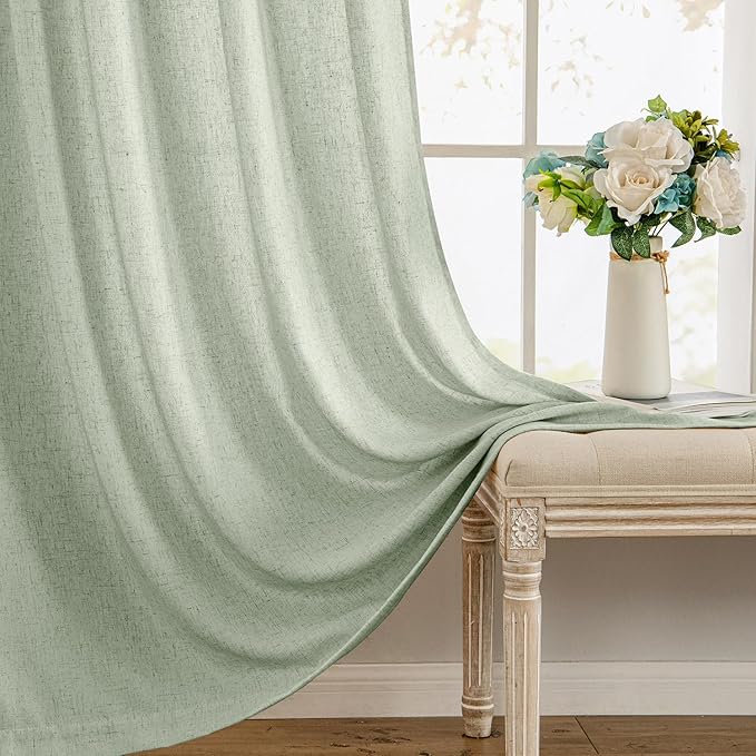 MIULEE Non-See-Through Privacy Linen Curtains 2 Panels, Sage Green Light Filtering Window Curtains 72 Inches Long, Farmhouse Textured Back Tab Semi Sheer Drapes for Bedroom Living Room, Light Green