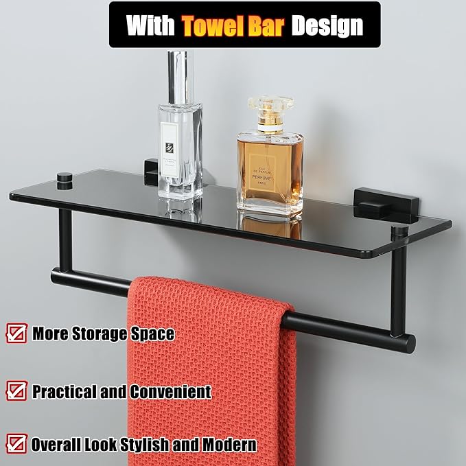 Alise Bathroom Shelves Glass Shelf with Bar,Wall Mount Floating Shelves for Bathroom,1 Tier Tempered Glass Holder Rack Storage Organizer,SUS304 Stainless Steel GOY6380-B Black