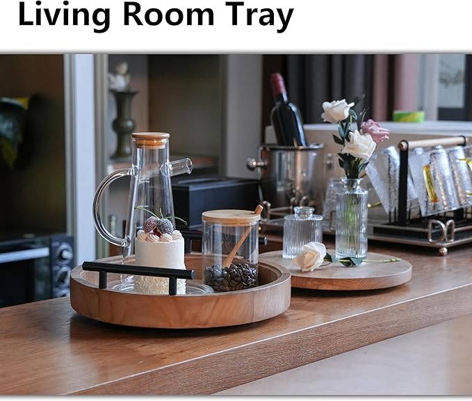 Set of 2 Wood Decorative Trays with Handles 12 Inch Round Decorative Tray for Room Decor, 2 in 1 Counter Decor Trays for Coffee Table,Round Tray for Storage and Display