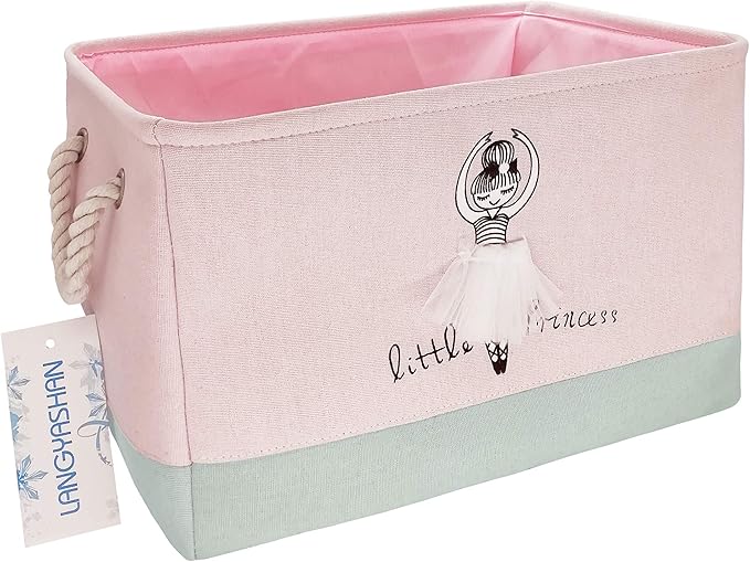 LANGYASHAN Rectangular Storage Bin Collapse Canvas Fabric Cartoon Storage Basket with Handles for Organizing Home Kitchen Boys and Girls Toys Office Closet Shelf Baskets (Girl)