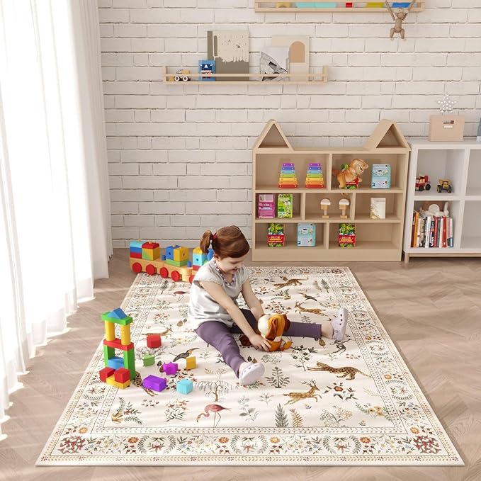 Bedroom Rug 3x5 Rug Washable Area Rug Non Slip Low Pile Boho Floral Animal Small Carpet for Bedroom, Bedside, Kitchen, Entryway, Kids Room, Office, College Dorm Essentials for Girls (Beige)