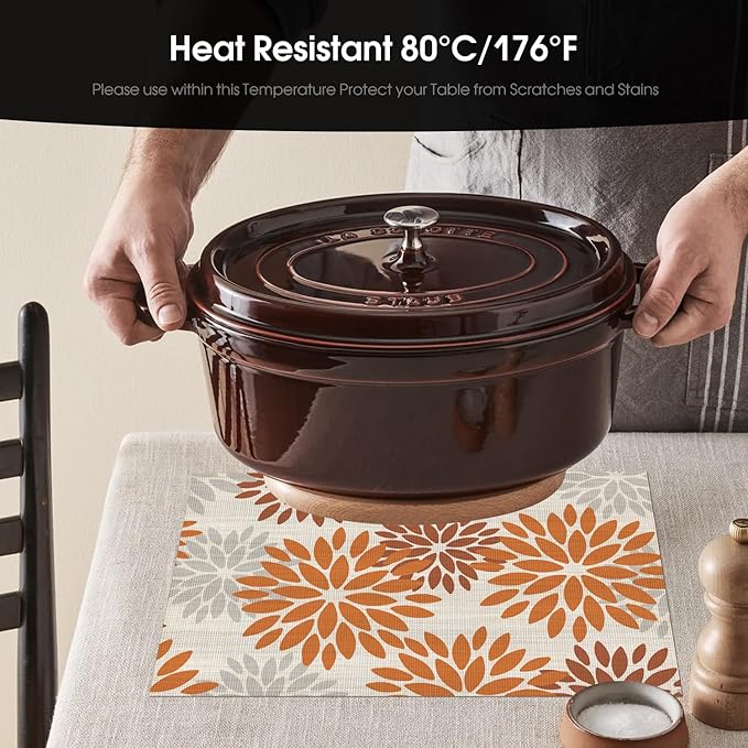 Artoid Mode Floral Vinyl Placemats Set of 6, Heat Resistant Washable Non-Slip Plistic PVC Place Mats for Fall Thanksgiving Party Kitchen Dining Decor, Orange