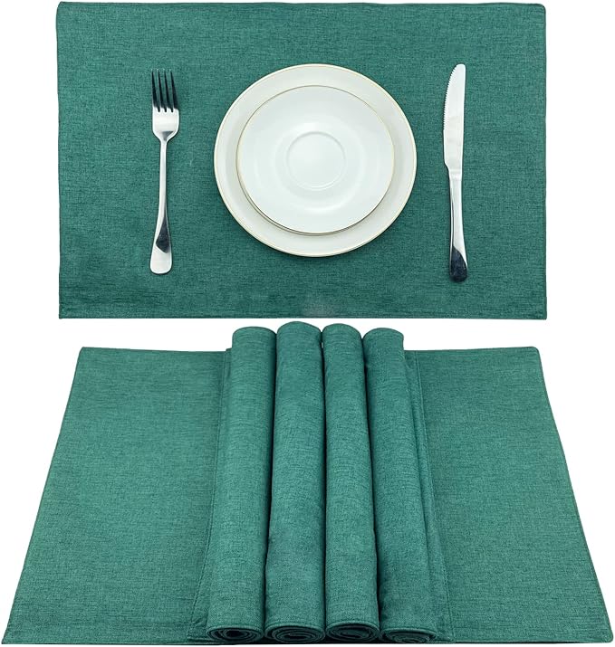 Weabetfu Cloth Placemats Set of 4 Heat Resistant Dining Table Placemmats Cotton Linen Machine Washable Kitchen Table Mats Wrinkle Free Thick Fabric Place Mat,Easy to Clean,13"x19",Green