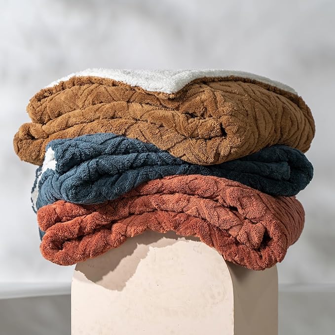 EVERGRACE Jacquard Boho Sherpa Fleece Throw Blanket for Couch, Super Soft Cozy Fuzzy Plush Blankets for All Seasons, Reversible Thick Warm Blanket for Bed, Sofa, Living Room, Stormy Blue, 50" x 60"