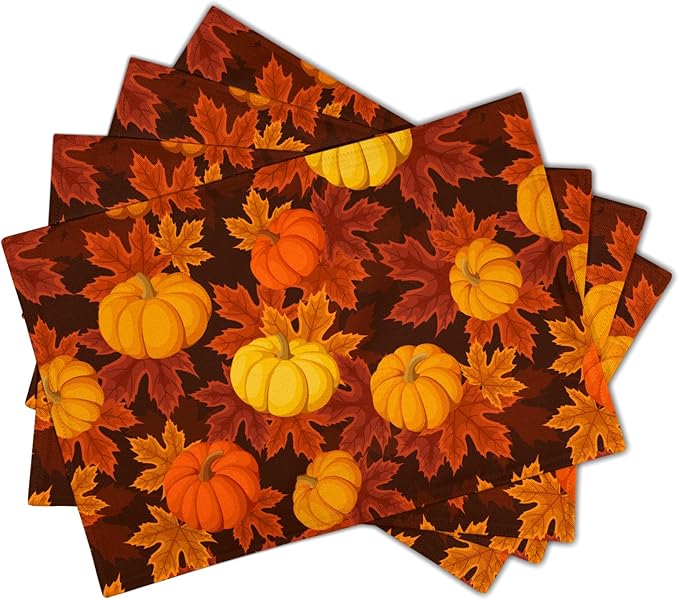 Fall Placemats Set of 4 Autumn Pumpkin Leaves Linen Place Mat Washable Non-Slip Heat Resistant 12×18 Inch Thick Place Mats Decorative Fabric Table Mat for Dining Table